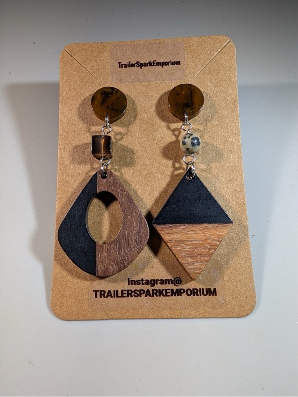 Two-Tone Black and Brown Geometric Wood Drop Earrings